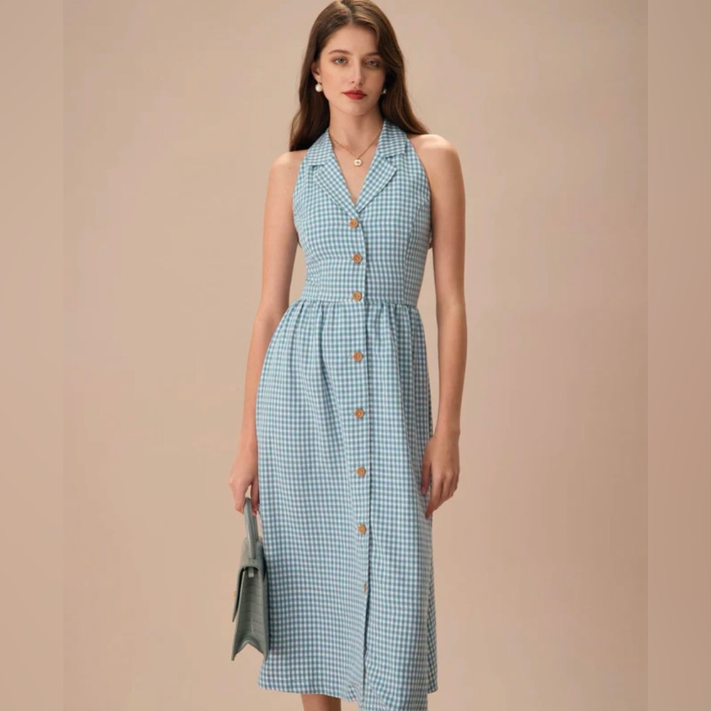 NWT Rihoas The Blue Lapel Plaid Sleeveless Shirt Midi Dress